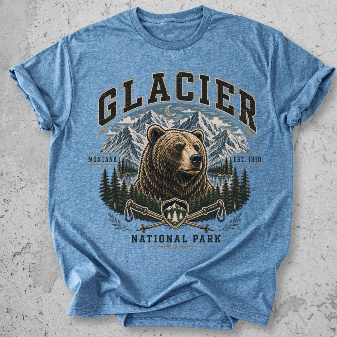 Glacier National Park bear collegiate t-shirt blue grizzly mountain hiking poles Montana Est 1910 graphic tee