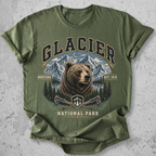 Glacier National Park bear collegiate t-shirt green grizzly mountain hiking poles Montana Est 1910 graphic tee