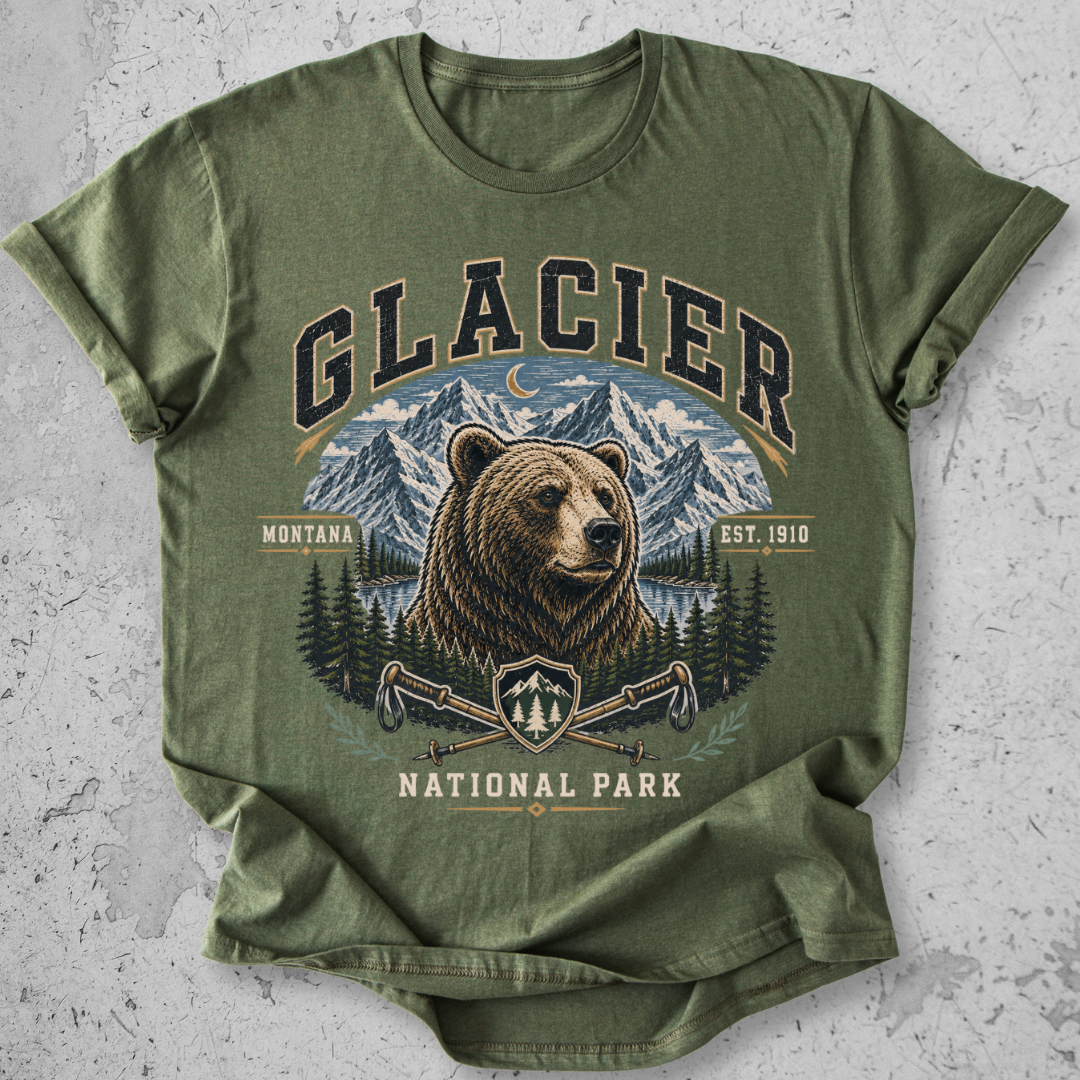 Glacier National Park bear collegiate t-shirt green grizzly mountain hiking poles Montana Est 1910 graphic tee
