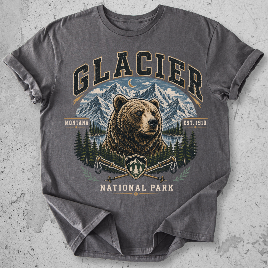 Glacier National Park bear collegiate t-shirt grey grizzly mountain hiking poles Montana Est 1910 graphic tee