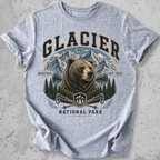 Glacier National Park bear collegiate t-shirt light grey grizzly mountain hiking poles Montana Est 1910 graphic tee