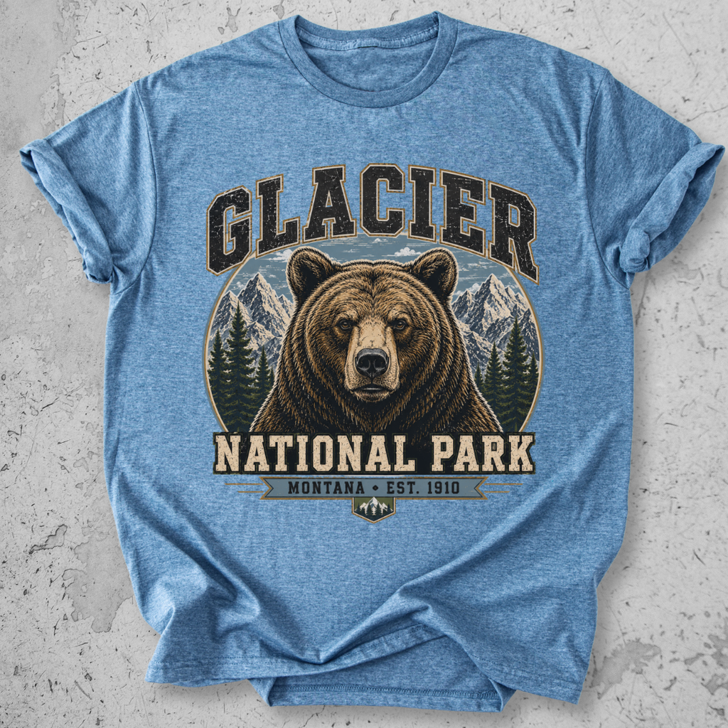 Glacier National Park grizzly bear t-shirt Blue collegiate portrait Montana Est 1910 graphic tee