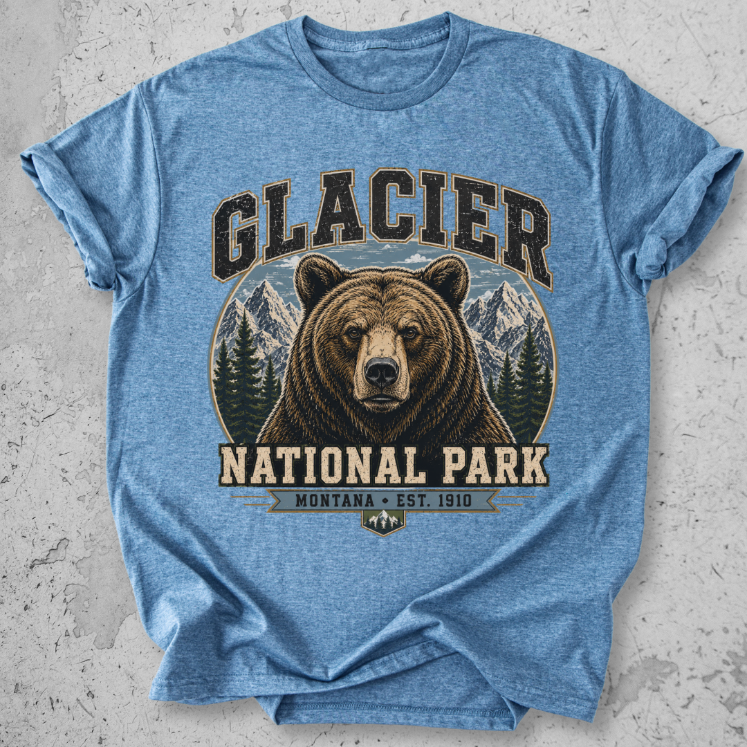 Glacier National Park grizzly bear t-shirt Blue collegiate portrait Montana Est 1910 graphic tee