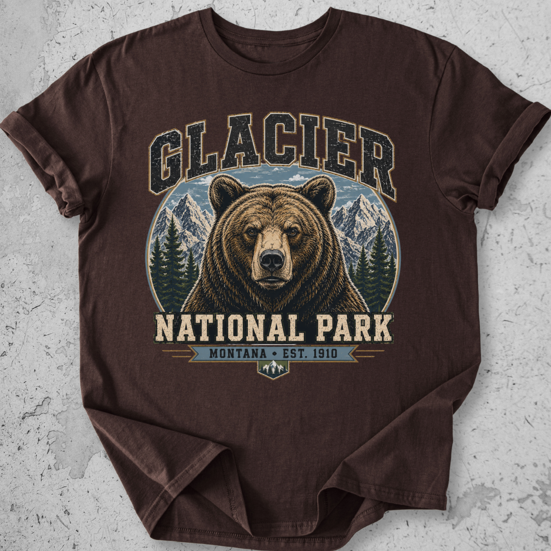 Glacier National Park grizzly bear t-shirt  Expresso collegiate portrait Montana Est 1910 graphic tee