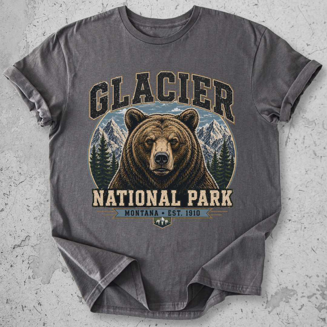 Glacier National Park grizzly bear t-shirt  Dark Grey  collegiate portrait Montana Est 1910 graphic tee