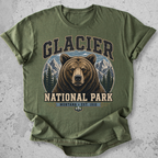 Glacier National Park grizzly bear t-shirt Green collegiate portrait Montana Est 1910 graphic tee
