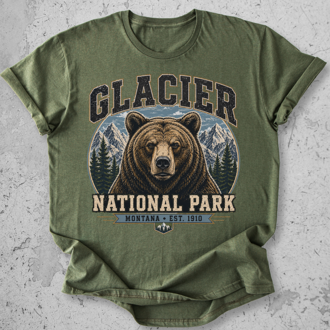 Glacier National Park grizzly bear t-shirt Green collegiate portrait Montana Est 1910 graphic tee