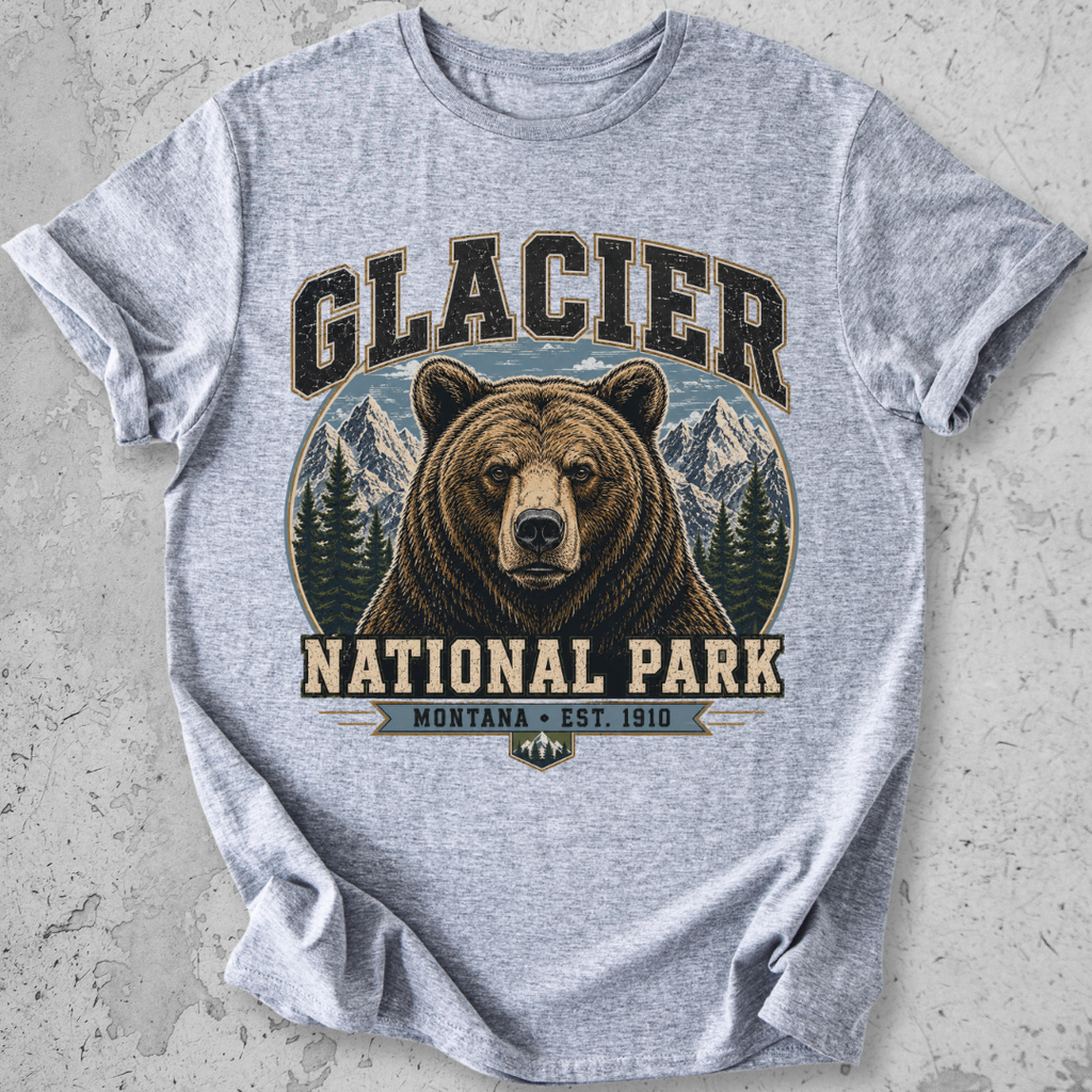 Glacier National Park grizzly bear t-shirt Grey collegiate portrait Montana Est 1910 graphic tee