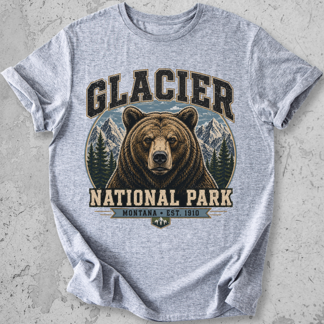 Glacier National Park grizzly bear t-shirt Grey collegiate portrait Montana Est 1910 graphic tee