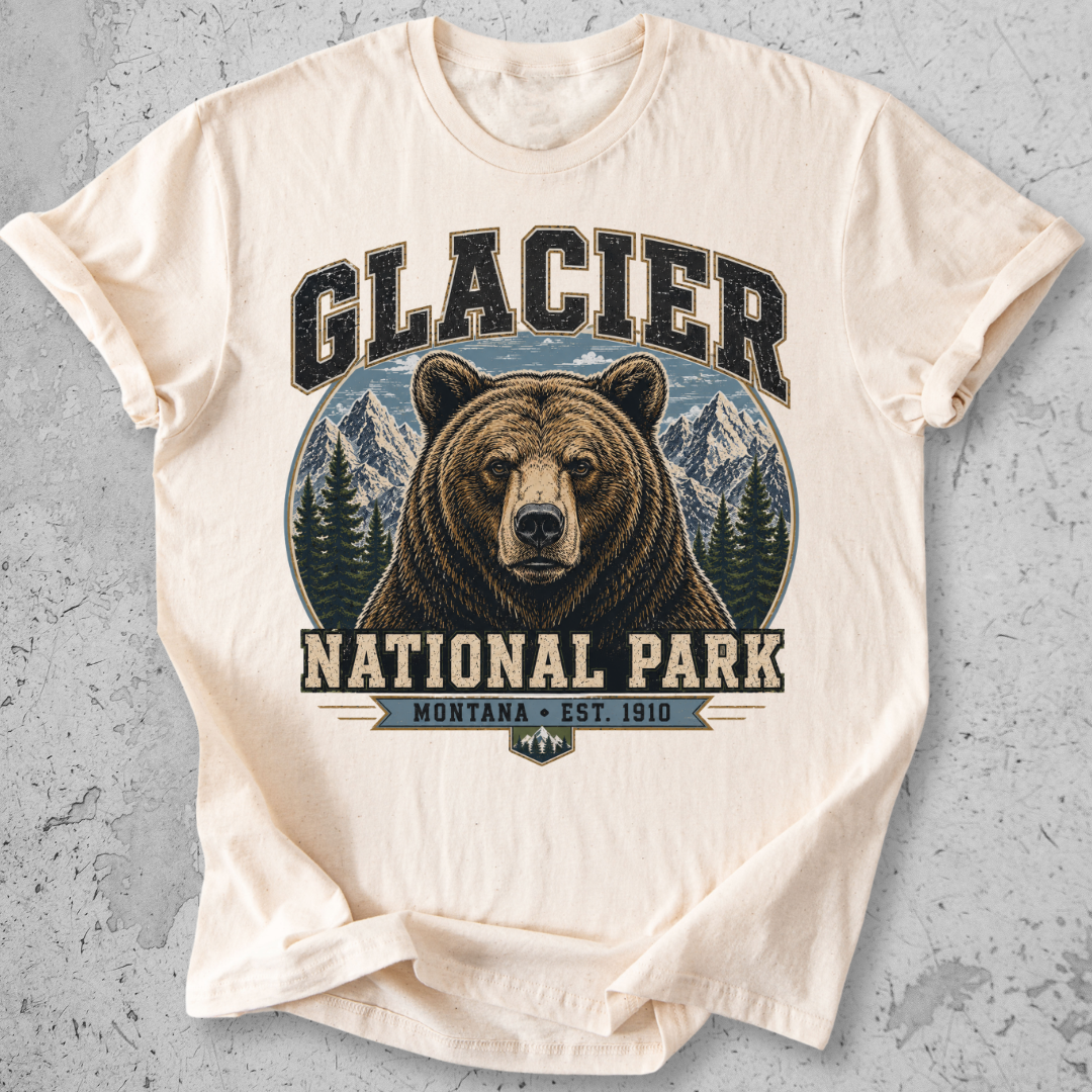 Glacier National Park grizzly bear t-shirt Ivory collegiate portrait Montana Est 1910 graphic tee