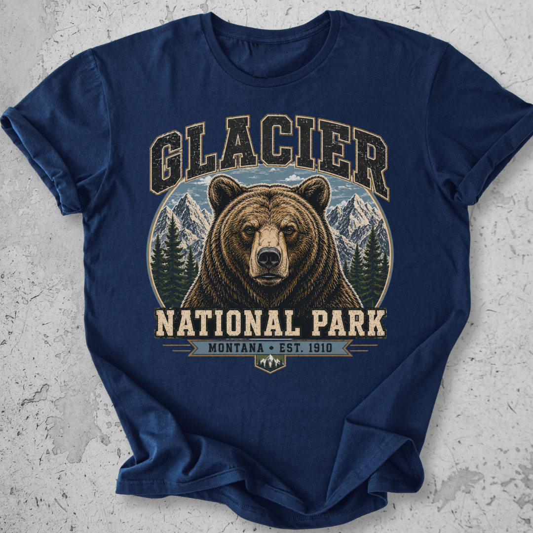 Glacier National Park grizzly bear t-shirt  Navy collegiate portrait Montana Est 1910 graphic tee