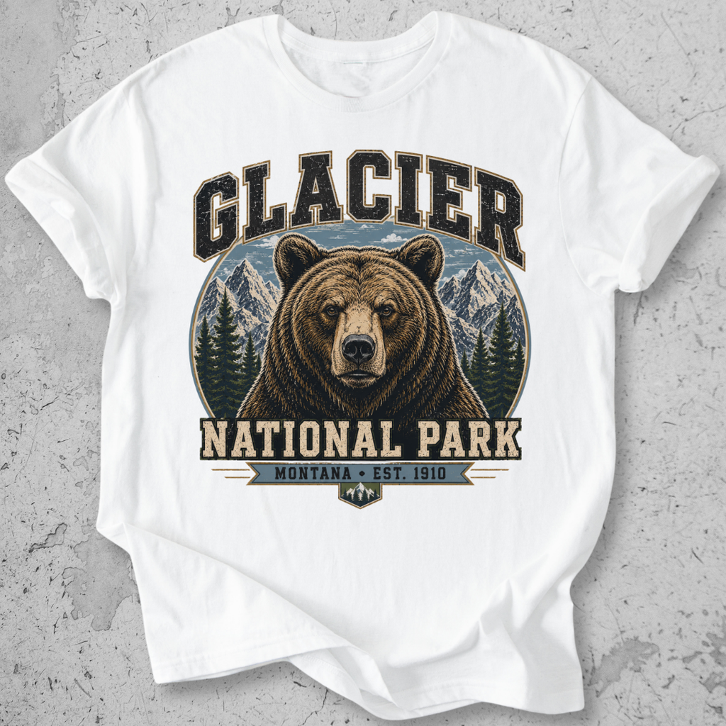 Glacier National Park grizzly bear t-shirt white collegiate portrait Montana Est 1910 graphic tee