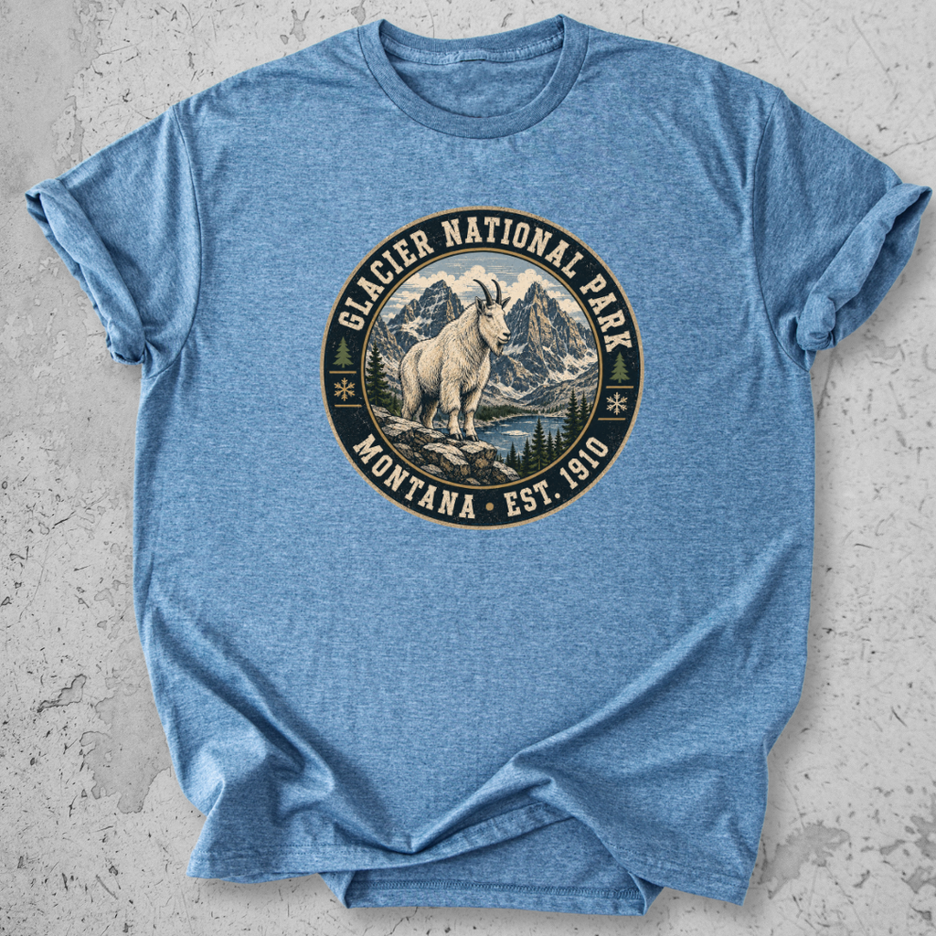 Glacier National Park mountain goat t-shirt Blue badge Montana Est 1910 alpine graphic tee