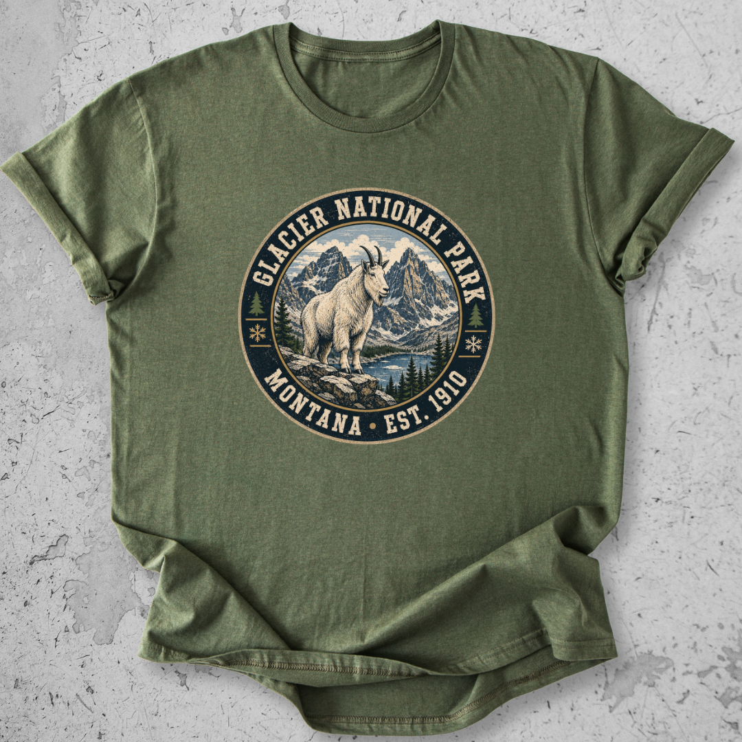 Glacier National Park mountain goat t-shirt Green badge Montana Est 1910 alpine graphic tee