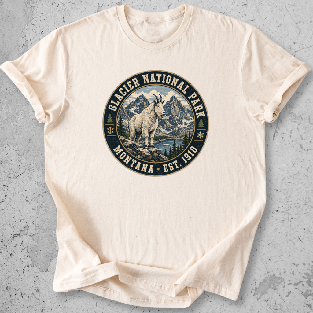 Glacier National Park mountain goat t-shirt Ivory badge Montana Est 1910 alpine graphic tee