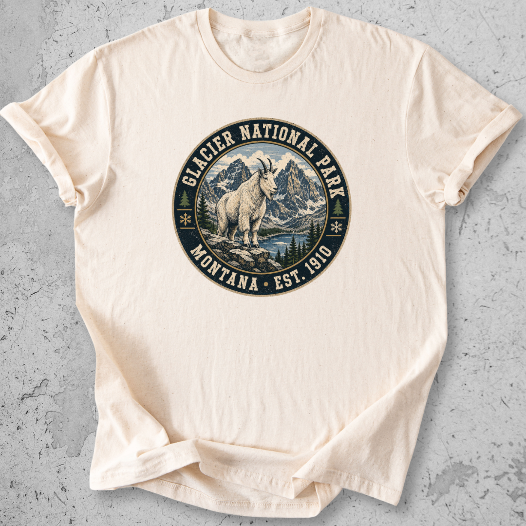 Glacier National Park mountain goat t-shirt Ivory badge Montana Est 1910 alpine graphic tee