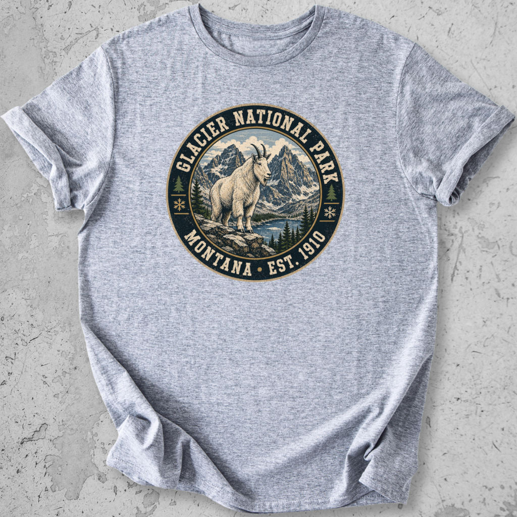 Glacier National Park mountain goat t-shirt Light Grey badge Montana Est 1910 alpine graphic tee