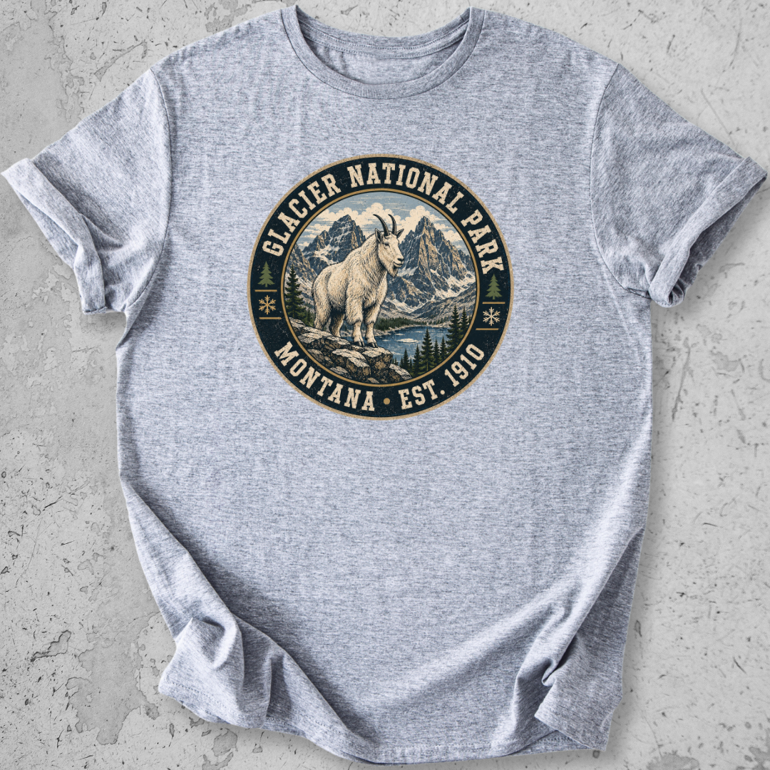 Glacier National Park mountain goat t-shirt Light Grey badge Montana Est 1910 alpine graphic tee