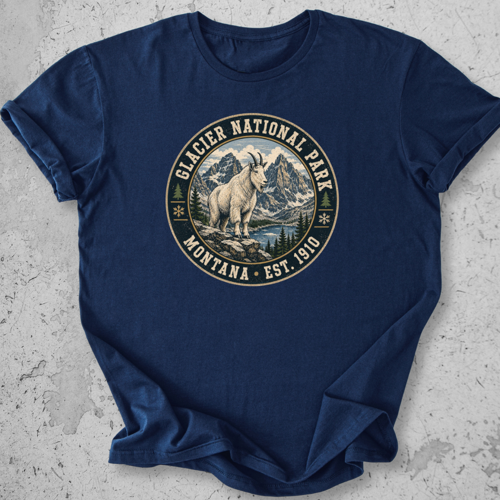 Glacier National Park mountain goat t-shirt Navy badge Montana Est 1910 alpine graphic tee
