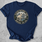Glacier National Park mountain goat t-shirt Navy badge Montana Est 1910 alpine graphic tee