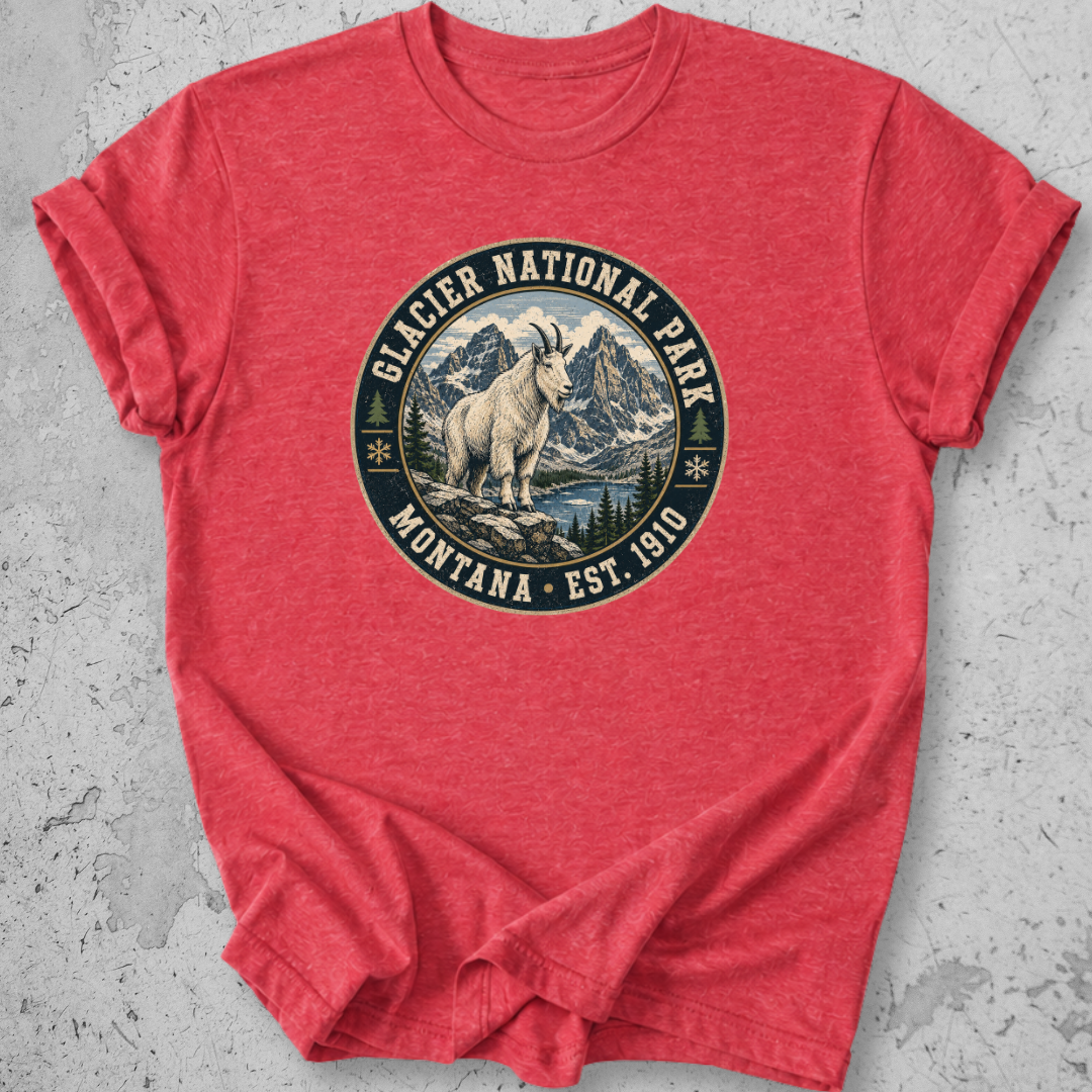 Glacier National Park mountain goat t-shirt Red badge Montana Est 1910 alpine graphic tee