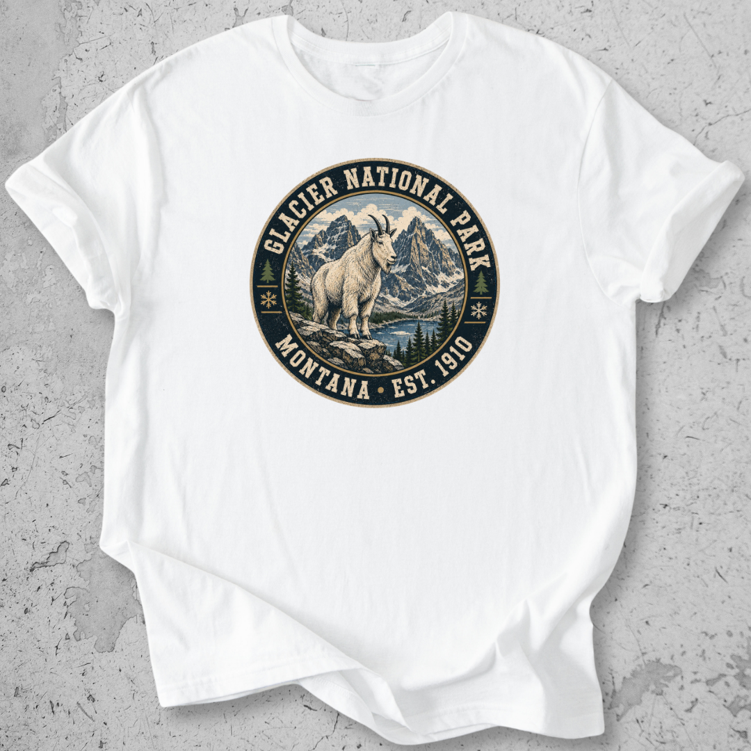 Glacier National Park mountain goat t-shirt White badge Montana Est 1910 alpine graphic tee