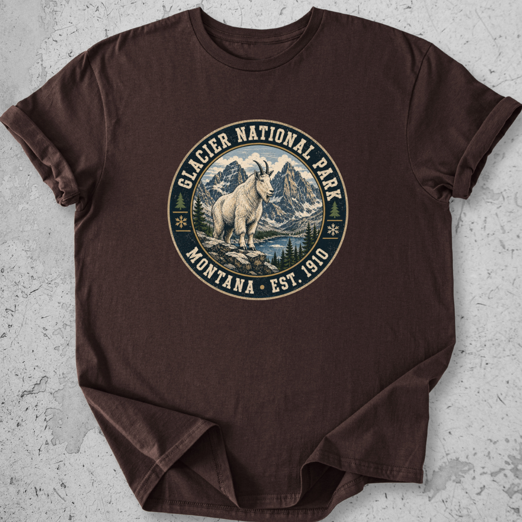 Glacier National Park mountain goat t-shirt brown badge Montana Est 1910 alpine graphic tee