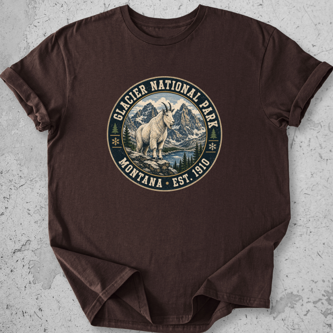 Glacier National Park mountain goat t-shirt brown badge Montana Est 1910 alpine graphic tee