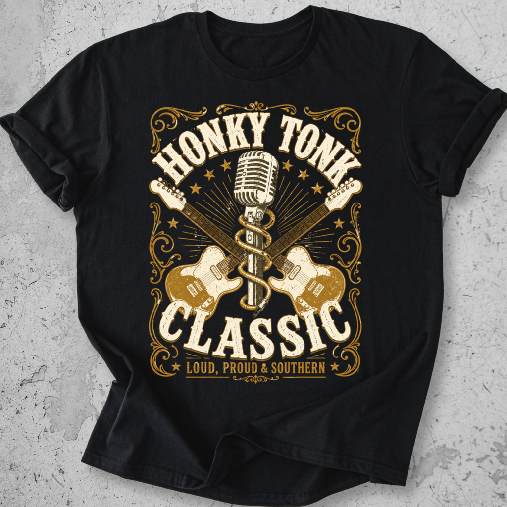 Honky Tonk Classic t-shirt Black gold guitar microphone vintage Nashville graphic tee