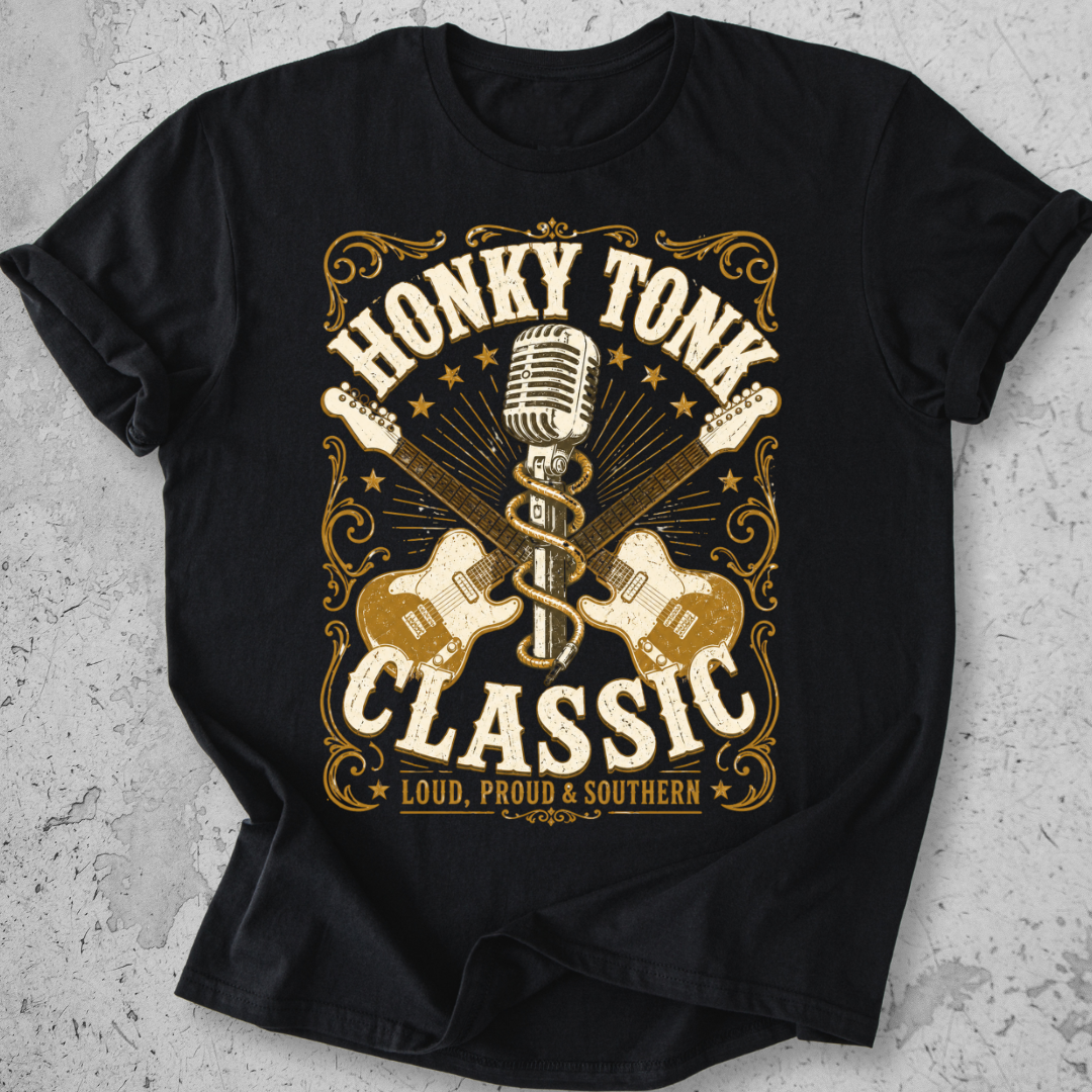 Honky Tonk Classic t-shirt Black gold guitar microphone vintage Nashville graphic tee
