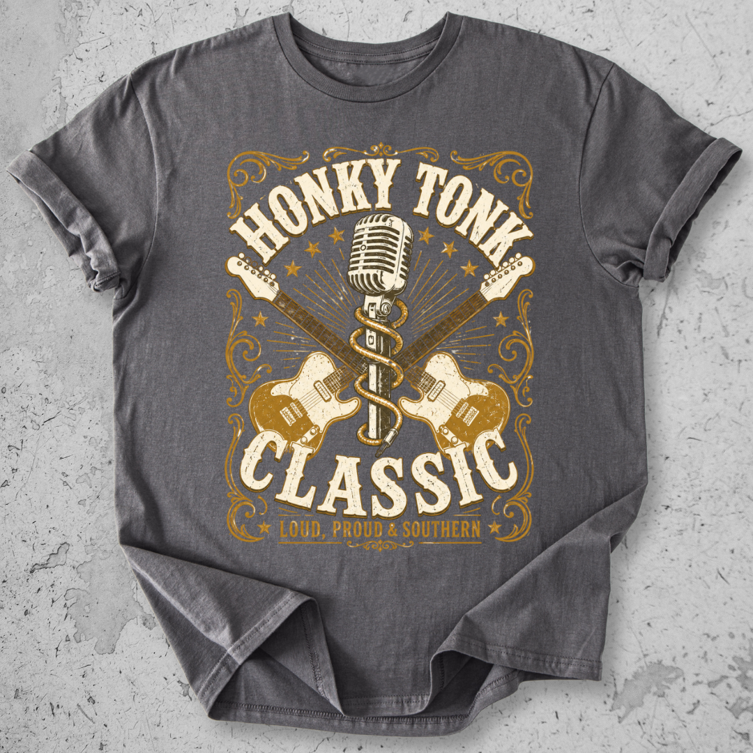 Honky Tonk Classic t-shirt charcoal gold guitar microphone vintage Nashville graphic tee
