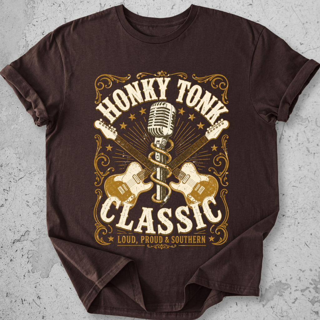 Honky Tonk Classic t-shirt expresso gold guitar microphone vintage Nashville graphic tee