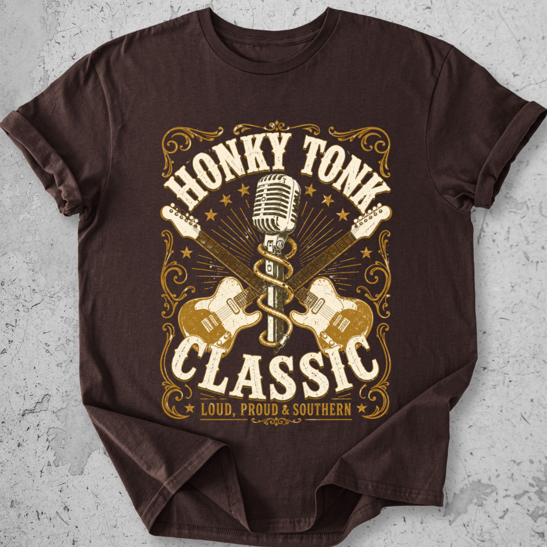Honky Tonk Classic t-shirt expresso gold guitar microphone vintage Nashville graphic tee