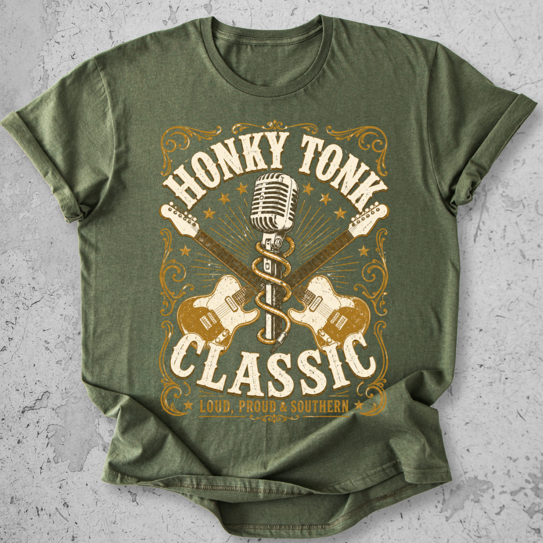Honky Tonk Classic t-shirt military green gold guitar microphone vintage Nashville graphic tee