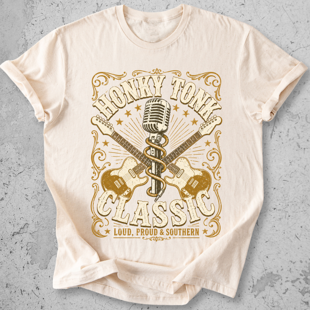 Honky Tonk Classic t-shirt natural gold guitar microphone vintage Nashville graphic tee