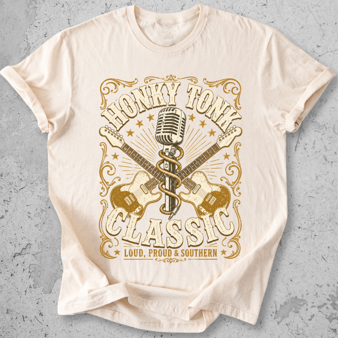 Honky Tonk Classic t-shirt natural gold guitar microphone vintage Nashville graphic tee