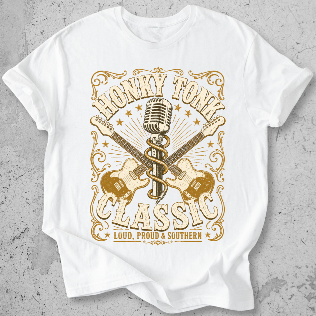 Honky Tonk Classic t-shirt white gold guitar microphone vintage Nashville graphic tee