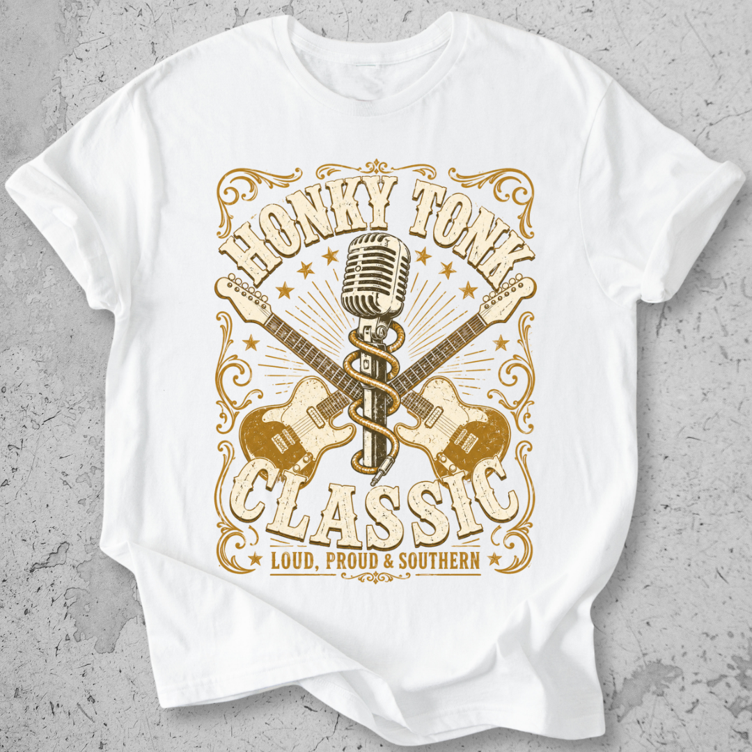 Honky Tonk Classic t-shirt white gold guitar microphone vintage Nashville graphic tee