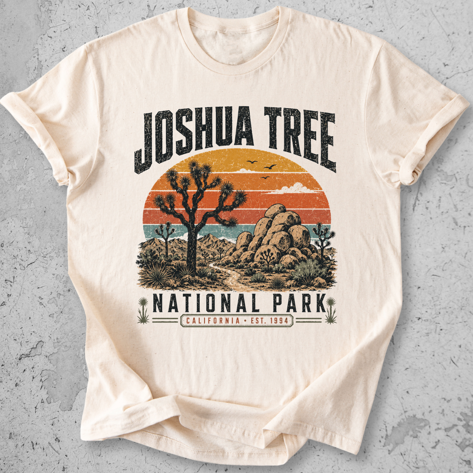 Joshua Tree National Park t-shirt Ivory retro sunset desert landscape California Est 1994 graphic tee