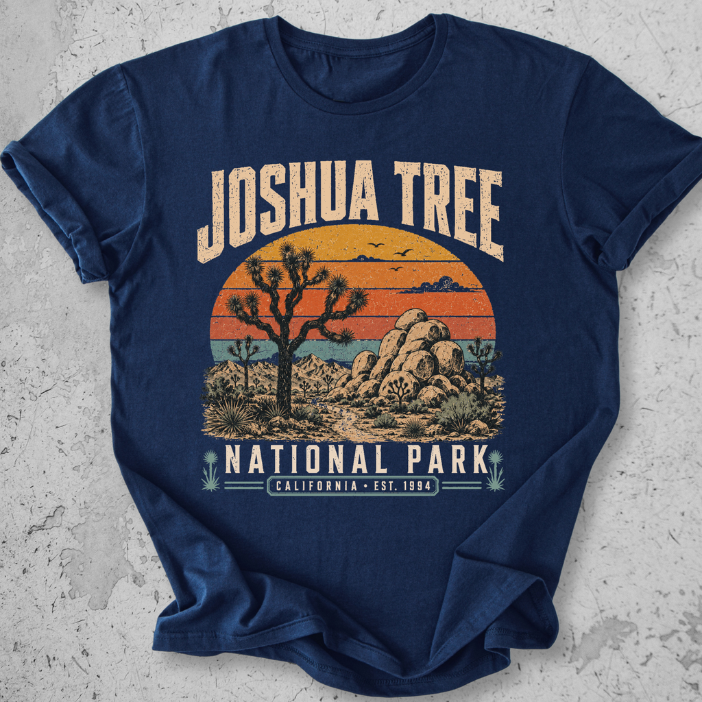 Joshua Tree National Park t-shirt Navy retro sunset desert landscape California Est 1994 graphic tee