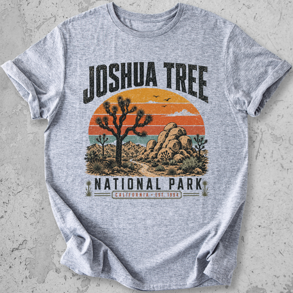 Joshua Tree National Park t-shirt Grey retro sunset desert landscape California Est 1994 graphic tee