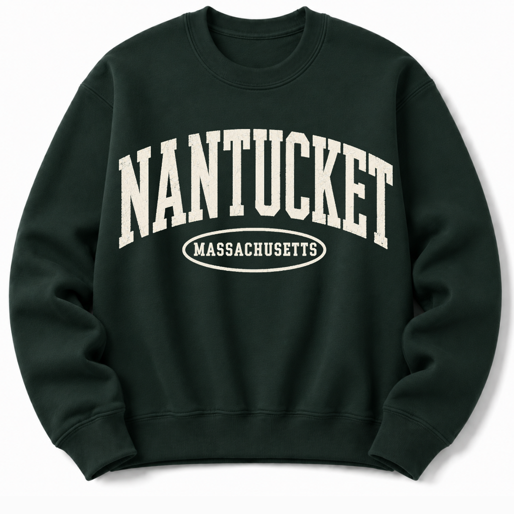 Nantucket Massachusetts sweatshirt in green with varsity badge design