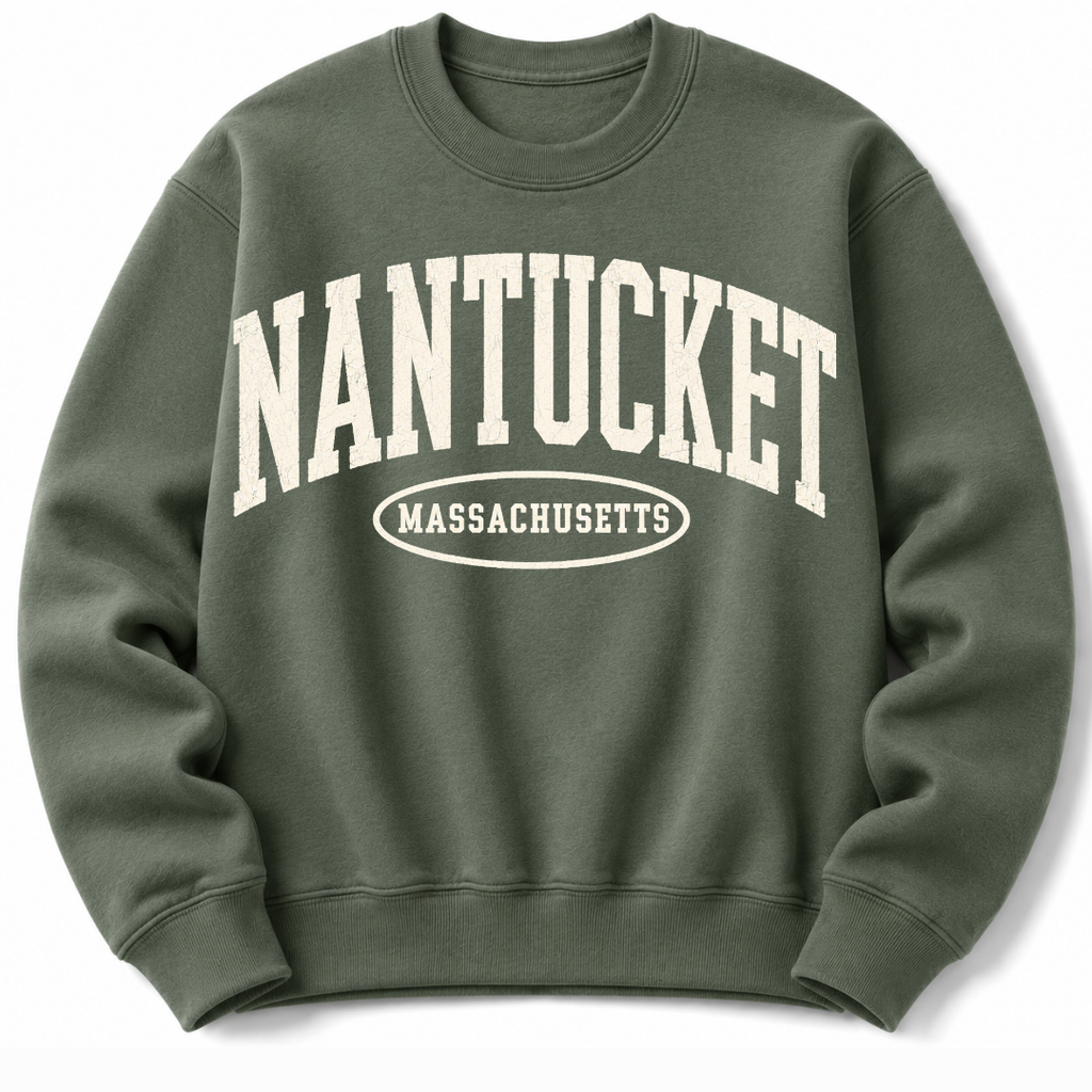 Nantucket Massachusetts sweatshirt in military green with varsity badge design