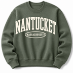 Nantucket Massachusetts sweatshirt in military green with varsity badge design