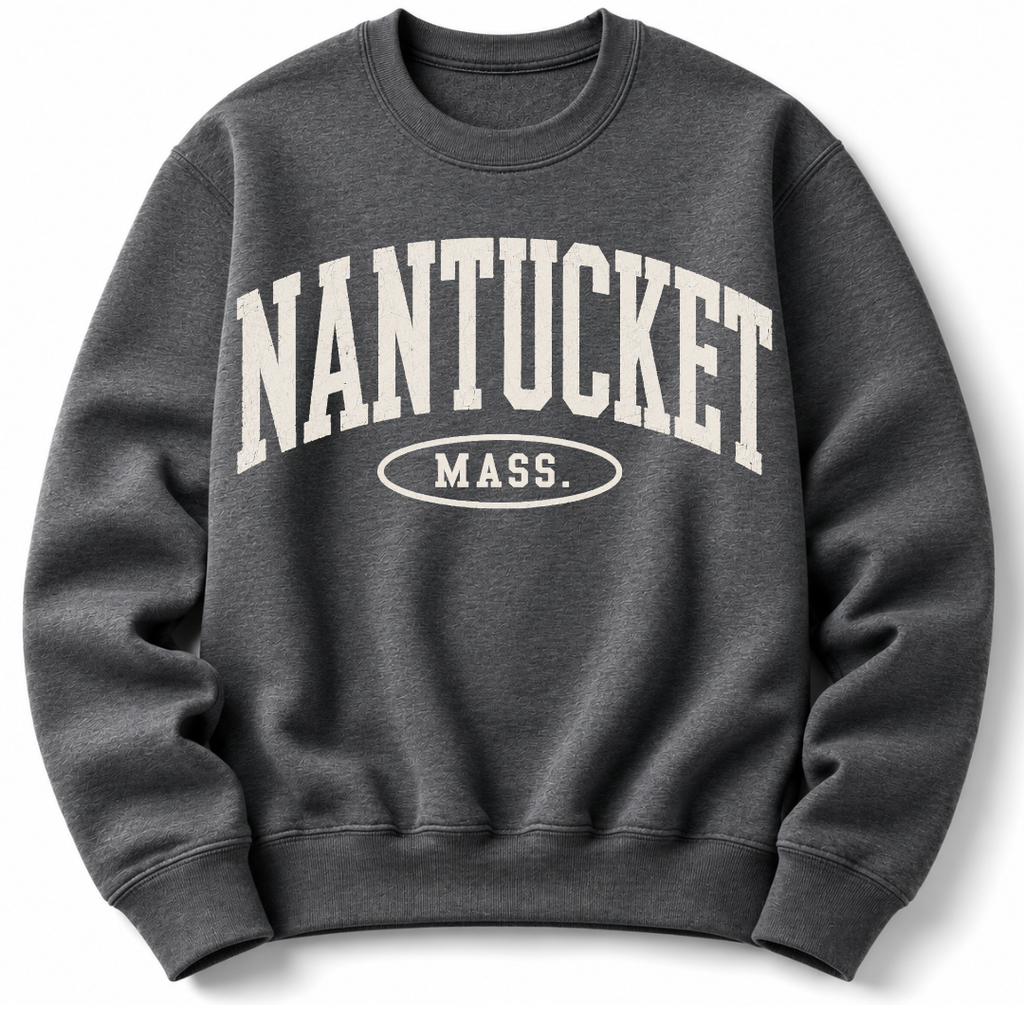 Nantucket Massachusetts sweatshirt in heather grey with varsity badge design