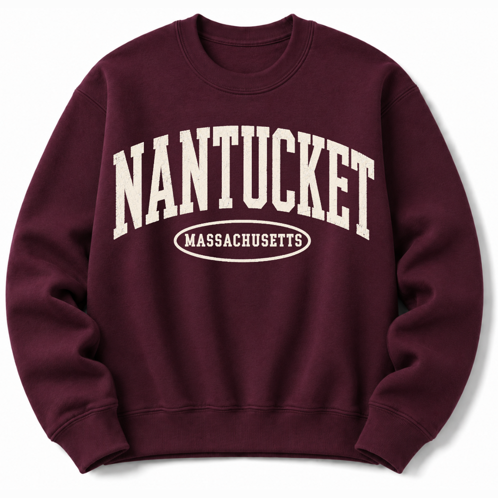 Nantucket Massachusetts sweatshirt in maroon with varsity badge design