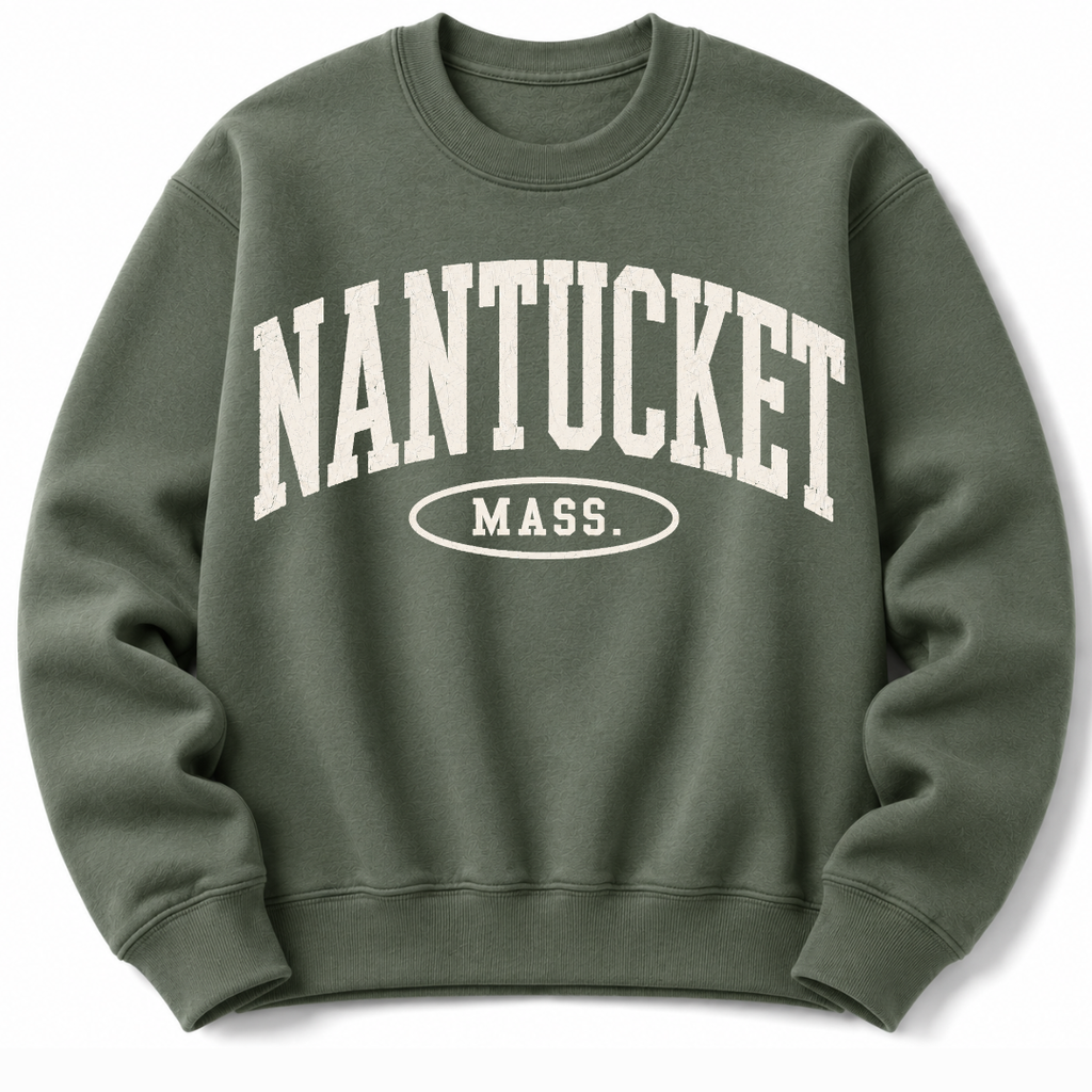 Nantucket Massachusetts sweatshirt in  military green  with varsity badge design