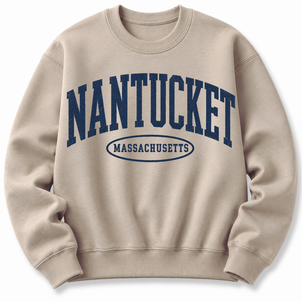 Nantucket Massachusetts sweatshirt in sand with varsity badge design