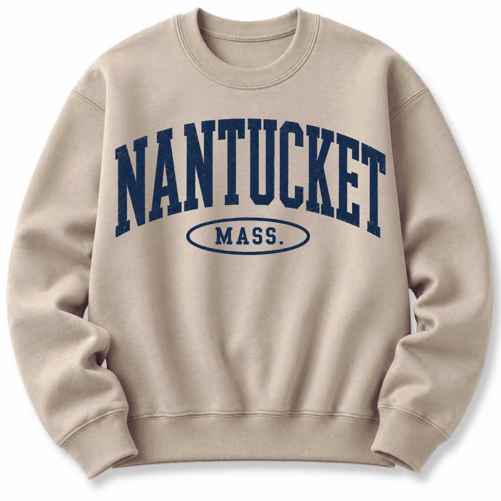Nantucket Massachusetts sweatshirt in sand  with varsity badge design