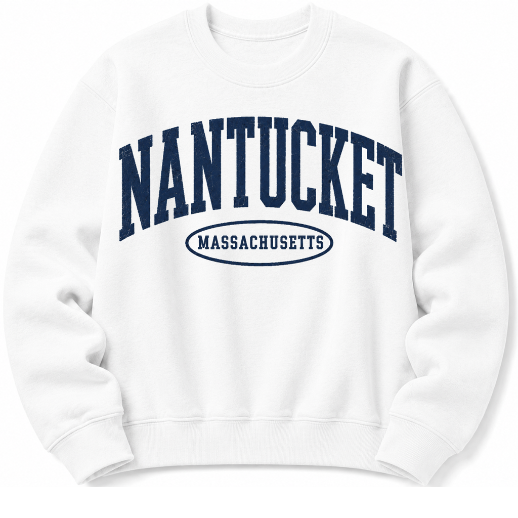 Nantucket Massachusetts sweatshirt in white with varsity badge design